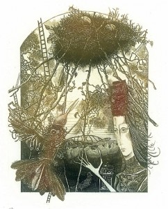 De pájaros y hombres III. Aguafuerte, 24 x 18 cm. 1989